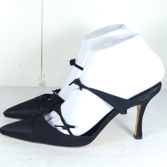 Manolo Blahnik Women's EU36 US6 Black Satin Pointed Toe Stiletto Mules Pumps - Picture 2 of 16